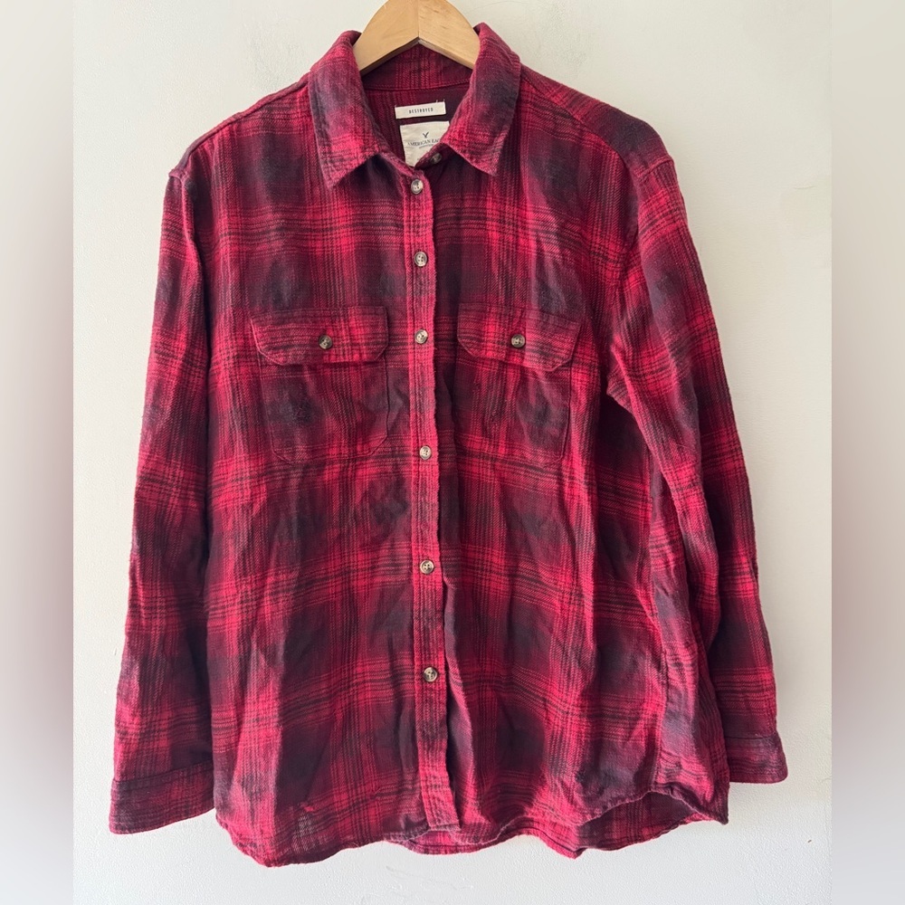 American Eagle Red Oversized Fit “Destroyed” Plaid Button‎ Down Top